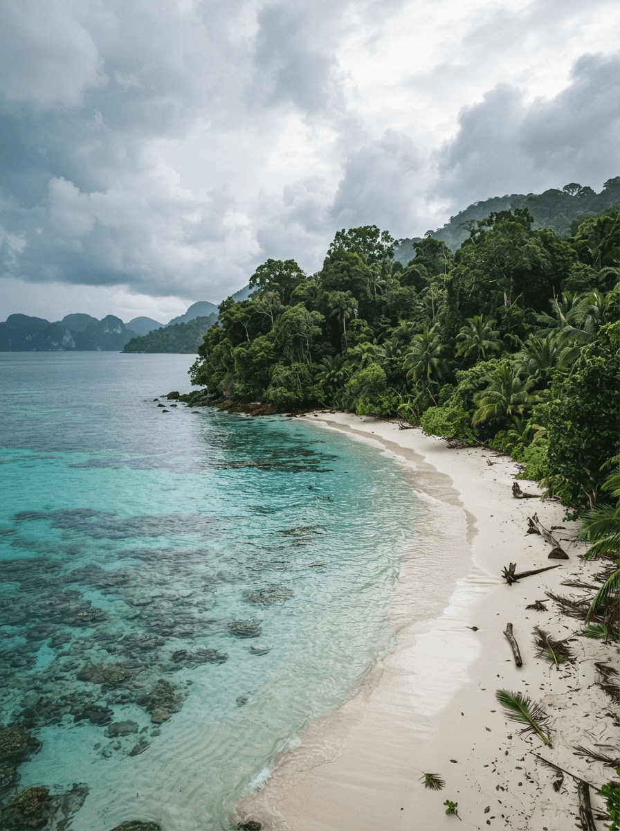 Untouched Andaman beach where dense jungle meets white sand and shallow reef