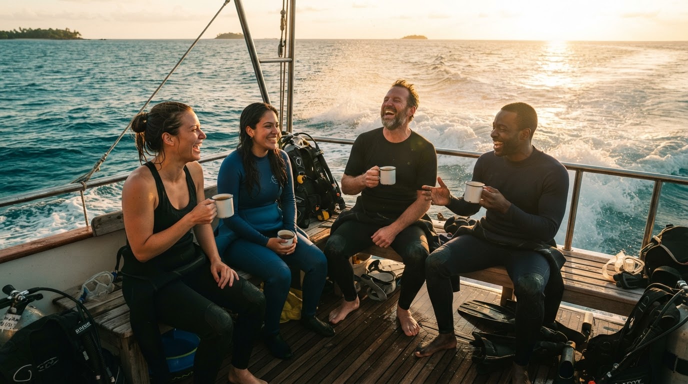 A group of scuba divers sitting together on a boat deck during golden hour surface interval, sharing stories and laughing