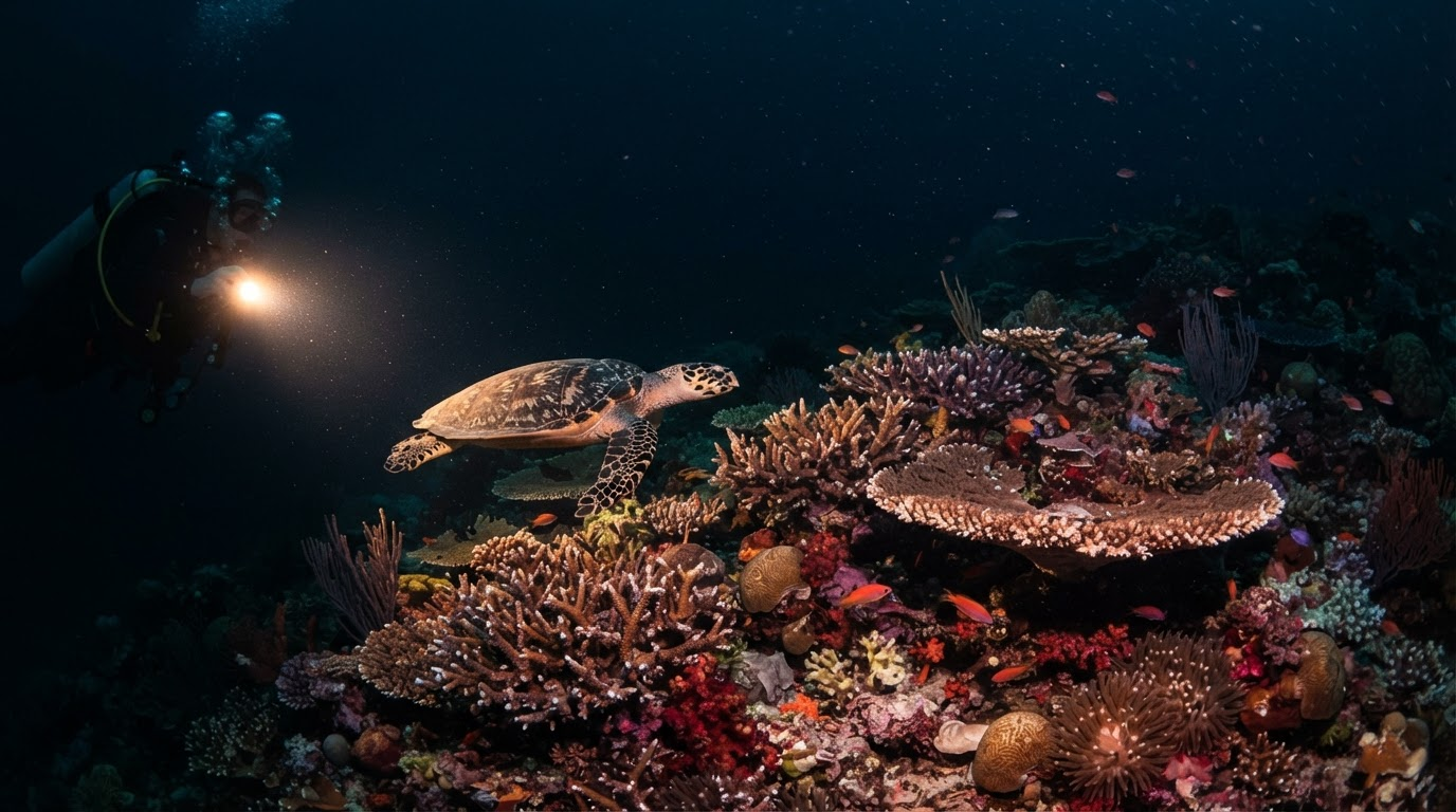 Diver exploring a vibrant coral reef alongside a sea turtle